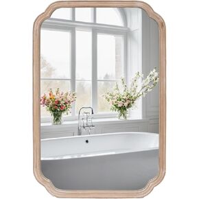 FUIN 24" x 36" Rounded Corner Wood Bathroom Wall Mirror, White Wash