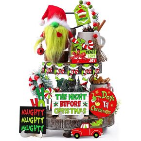 18 Pcs Christmas Tiered Tray Decor Set Lime Green Red Gnome Plush Christmas Wooden Sign Bead Garland Christmas Centerpiece Table Xmas Decorations for Home Farmhouse Holiday Table Indoor Decor