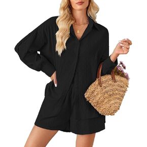 Fixmatti 2 Piece Outfits Long Sleeve Button Down Shirt and Shorts Sweatsuit Lounge Sets