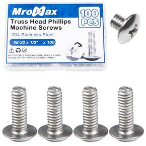 MroMax 100Pcs #8-32 x 1/2" Truss Head Machine Screws, 304 Stainless Steel 18-8, Bright Finish, Full Thread, Phillips Drive