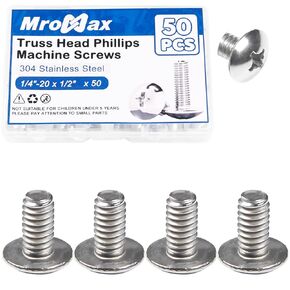 MroMax 50Pcs 1/4"-20 x 1/2" Truss Head Machine Screws, 304 Stainless Steel 18-8, Bright Finish, Full Thread, Phillips Drive