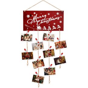 Christmas Card Holder Wooden Merry Christmas Wall Hanging Picture Holders with 30 Snowflake Wooden Clips Picture Holder for Xmas Greeting Card Display for Christmas Home Party Wall Decor (Red)