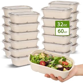 DI QIU REN 60Pack Compostable Take Out Food Container with PP Lid, Disposable Paper Salad Bowl Soup Serving Bowl, Meal Prep Container, Biodegradable Togo Container Box for Kitchen (32oz, 60pack)