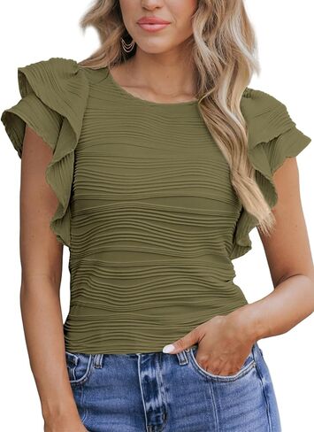 SHEWIN Womens Tops Casual Crewneck Ruffle Short Sleeve T Shirts Slim Fit Dressy Blouses in Saudi Arabia