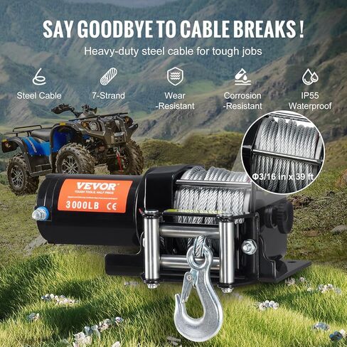 VEVOR ATV Winch, 3000 lb Electric Winch, 12V Small ATV UTV Winch with 3/16 in x 39 ft Steel Cable Roller Fairlead Wired Remote Control, IP55 Waterproof for Towing UTV ATV Car Vehicle Off-Road in Saudi Arabia