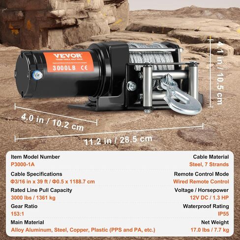 VEVOR ATV Winch, 3000 lb Electric Winch, 12V Small ATV UTV Winch with 3/16 in x 39 ft Steel Cable Roller Fairlead Wired Remote Control, IP55 Waterproof for Towing UTV ATV Car Vehicle Off-Road in Saudi Arabia