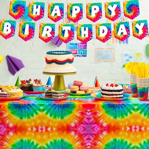 Zonon Tie Dye Birthday Party Decorations, Colorful Birthday Party Supplies Include Tie Dye Tablecloth, Plates and Napkins, Cups, Banner for Birthday Party Decorations(Classic Style) in Saudi Arabia