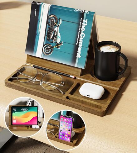 NiHome Bamboo Wooden Book Stand Holder with Triangle Design for Spine-Friendly Book Resting, Natural Finish Multipurpose Organizer with Detachable Magnetic Base for Glasses, Pens, Smartphone and More in Saudi Arabia