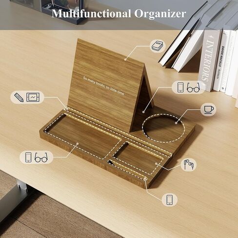 NiHome Bamboo Wooden Book Stand Holder with Triangle Design for Spine-Friendly Book Resting, Natural Finish Multipurpose Organizer with Detachable Magnetic Base for Glasses, Pens, Smartphone and More in Saudi Arabia