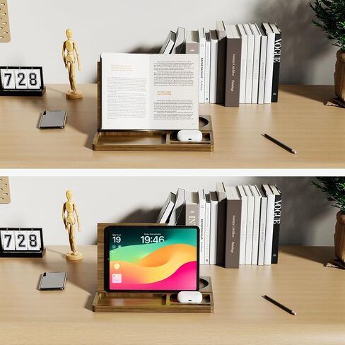 NiHome Bamboo Wooden Book Stand Holder with Triangle Design for Spine-Friendly Book Resting, Natural Finish Multipurpose Organizer with Detachable Magnetic Base for Glasses, Pens, Smartphone and More in Saudi Arabia