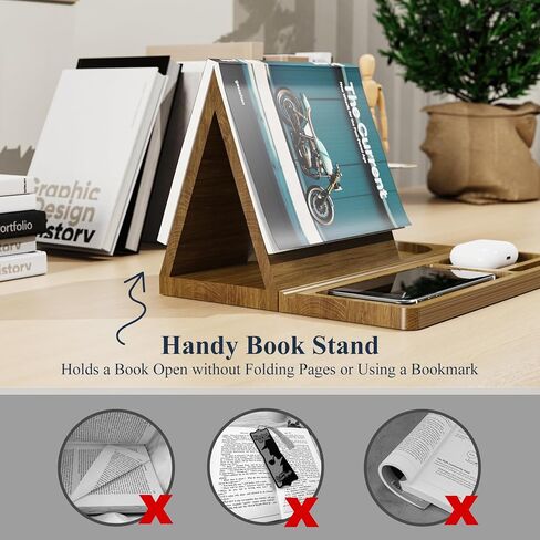 NiHome Bamboo Wooden Book Stand Holder with Triangle Design for Spine-Friendly Book Resting, Natural Finish Multipurpose Organizer with Detachable Magnetic Base for Glasses, Pens, Smartphone and More in Saudi Arabia