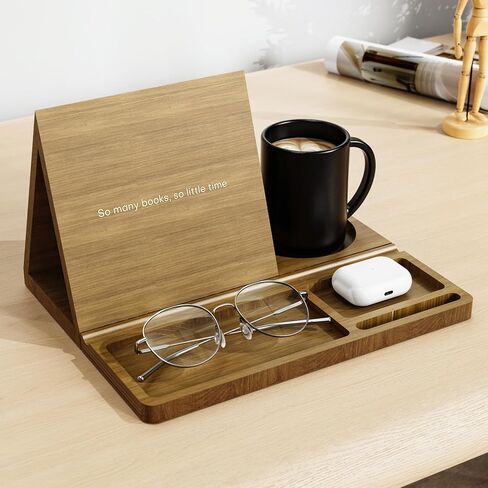 NiHome Bamboo Wooden Book Stand Holder with Triangle Design for Spine-Friendly Book Resting, Natural Finish Multipurpose Organizer with Detachable Magnetic Base for Glasses, Pens, Smartphone and More in Saudi Arabia