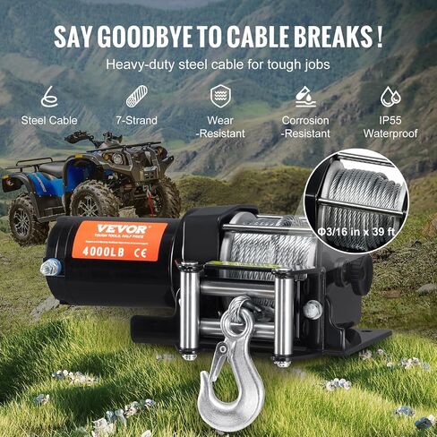 VEVOR ATV Winch, 3000 lb Electric Winch, 12V Small ATV UTV Winch with 3/16 in x 39 ft Steel Cable Roller Fairlead Wired Remote Control, IP55 Waterproof for Towing UTV ATV Car Vehicle Off-Road in Saudi Arabia