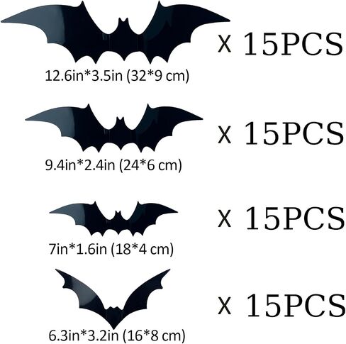 Halloween Decorations, 60 PCS 3D Bats Decoration, 4 Different Sizes Realistic PVC Scary Black Bat Sticker for Halloween Decorations Indoor, DIY Halloween Bat Wall Decal Decor Party Supplies in Saudi Arabia