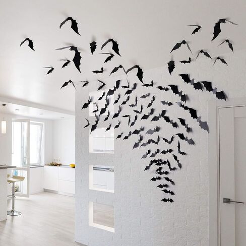 Halloween Decorations, 60 PCS 3D Bats Decoration, 4 Different Sizes Realistic PVC Scary Black Bat Sticker for Halloween Decorations Indoor, DIY Halloween Bat Wall Decal Decor Party Supplies in Saudi Arabia