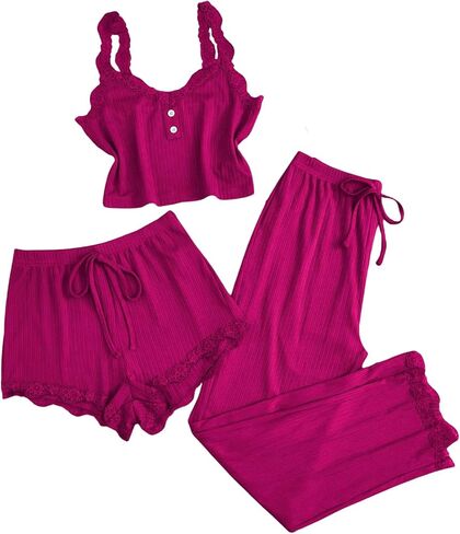 Milumia Women's 3 Piece Pajama Sets Lace Ribbed Cami Top and Shorts & Pants Pj Sets Sleepwear in Saudi Arabia