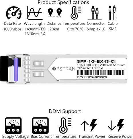 وحدة الإرسال والاستقبال الضوئية 1000BASE-BX BiDi SFP المتوافقة مع Cisco GLC-BX-20U 1310nm-TX/1550nm-RX 20km DOM Simplex LC SMF in Kuwait