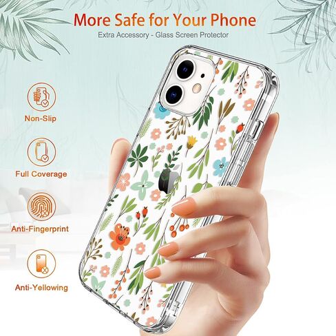 حافظة GiiKa لهاتف iPhone 12، حافظة iPhone 12 Pro مع واقي شاشة، حافظة شفافة واقية لكامل الجسم بزهور للفتيات والنساء مقاومة للصدمات مع غطاء ممتص للصدمات من مادة TPU لهاتف iPhone 12، زهور صغيرة in Kuwait