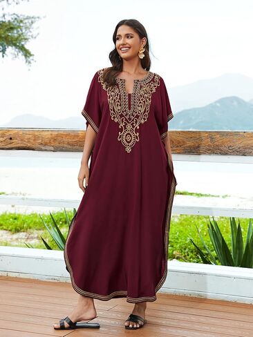 Bsubseach Kaftan Dresses for Women Gold Embroidery Long Beach Cover Ups Caftan Loungewear Vacation Outfits Black in Saudi Arabia