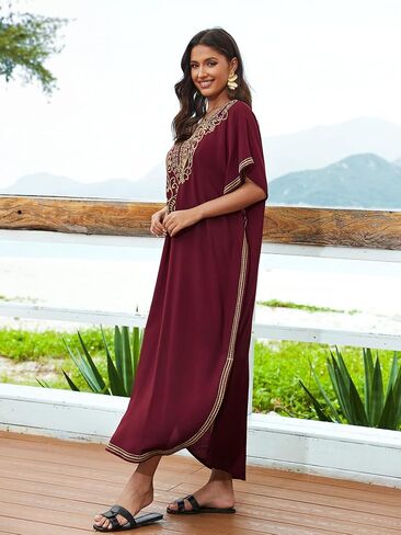 Bsubseach Kaftan Dresses for Women Gold Embroidery Long Beach Cover Ups Caftan Loungewear Vacation Outfits Black in Saudi Arabia
