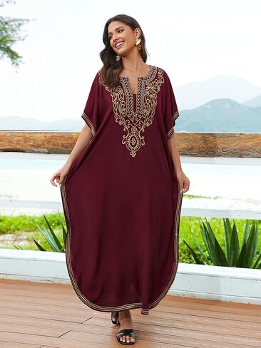 Bsubseach Kaftan Dresses for Women Gold Embroidery Long Beach Cover Ups Caftan Loungewear Vacation Outfits Black in Saudi Arabia