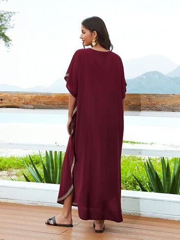 Bsubseach Kaftan Dresses for Women Gold Embroidery Long Beach Cover Ups Caftan Loungewear Vacation Outfits Black in Saudi Arabia
