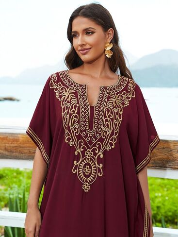 Bsubseach Kaftan Dresses for Women Gold Embroidery Long Beach Cover Ups Caftan Loungewear Vacation Outfits Black in Saudi Arabia