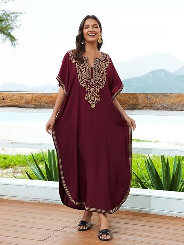 Bsubseach Kaftan Dresses for Women Gold Embroidery Long Beach Cover Ups Caftan Loungewear Vacation Outfits Black in Saudi Arabia