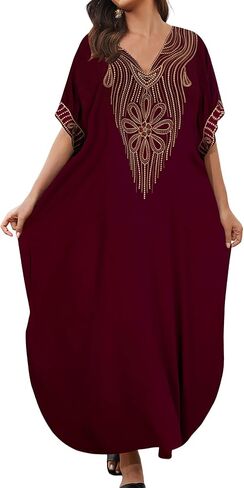 Bsubseach Kaftan Dresses for Women Gold Embroidery Long Beach Cover Ups Caftan Loungewear Vacation Outfits Black in Saudi Arabia