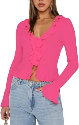 Women's Deep V Neck Long Bell Sleeve Button Down Ruffle Crop Shirt Top Blouses in Saudi Arabia
