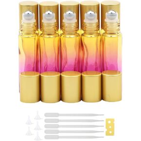 jiuwu 10pcs Roller Bottles 10ml Essential Oil Glass Blue Gradient Blue Screw Cap Bottle with Stainless Steel Roller Ball for Perfume Liquid Cosmetic Travel Vials 1 Opener + 5 Funnels + 5 Droppers