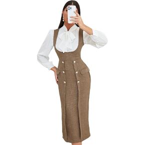 WDIRARA Women's Tweed Sleeveless Scoop Neck Button Front Fitted Pinafore Midi Dress