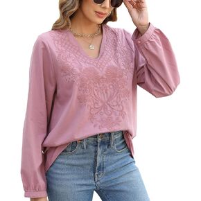 Higustar Mexican Embroidered Tops for Women Long Sleeve Shirt Peasant Style Bohemian Tunic Blouse Clothes