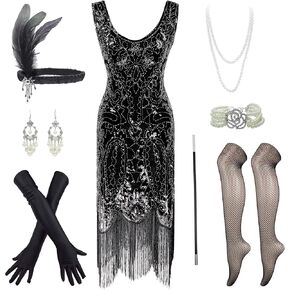 فستان IWIWB من العشرينيات من القرن الماضي مزين بالترتر ومطرز بفستان Gatsby Flapper مع مجموعة إكسسوارات in Kuwait