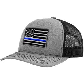 Custom Richardson Trucker Hat American Flag Thin Blue Line Embroidered Polyester Mesh Support Police Law Enforcement Baseball Cap Snaps Heather Gray/Black Design Only