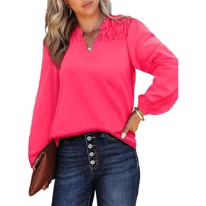 Womens Casual V Neck Floral Print Long Sleeve Smocked Blouses Boho Dressy Summer Spring Loose Shirts Tops