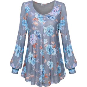 MOQIVGI Womens Long Sleeve Scoop Neck Button Trim Pleated Layered Floral Blouse Tops