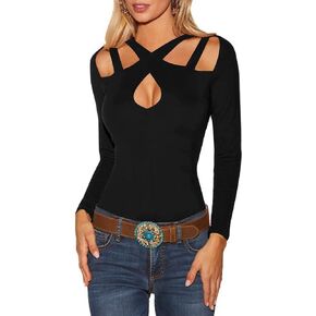 Vrtige Women's Sexy Cut Out Halter Neck Criss Cross Long Sleeve Blouse Shirt Top