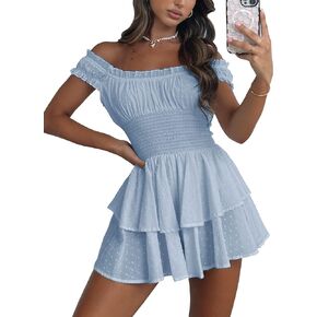 Bingerlily Womens Summer Off Shoulder Mini Dress Cute Chiffon Slim Fit Dresses