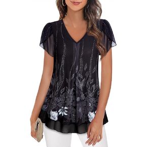 Women's Petal Short Sleeve Tunic Tops Casual V Neck Blouse Double Layers Mesh Shirts