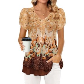 Women's Petal Short Sleeve Tunic Tops Casual V Neck Blouse Double Layers Mesh Shirts