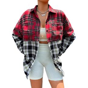 KOJOOIN Women's Plaid Color Block Oversized Button Down Shirts Long Sleeve Patchwork Lightweight Spring Shirts 2023 Shacket