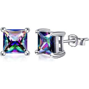 Colorful Cubic Zirconia Stud Earrings - Sterling Silver Hypoallergenic Round Square CZ Studs Earrings for Women Girls, 7MM