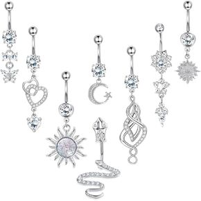 JOERICA 8PCS 14G Belly Button Ring for Women Stainless Steel Dangle Belly Button Rings Navel Rings Barbell Sexy Heart Snake Belly Button Rings Dangle CZ Body Piercing Jewelry Silver Rose Gold Tone