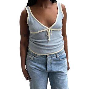 Women Ribbed Knit Crop Top Fairy Grunge Spaghetti Strap Tank Top Sleeveless V Neck Camisole Y2k Aesthetic Cami Top