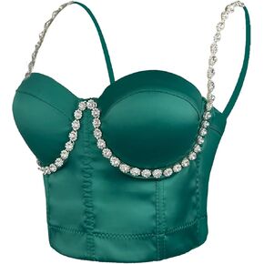 مشد علوي نسائي من ELLACCI مصنوع من الساتان الماسي وأحجار الراين وحزام كتف بوستير قصير للحفلات والنوادي باللون الأخضر in Kuwait