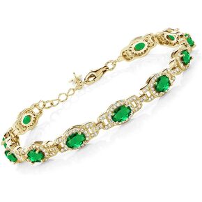 Gem Stone King 18K Yellow Gold Plated Silver Green Simulated Emerald Tennis Bracelet For Women (8.00 Cttw, Oval 6X4MM, 7 Inch With 1 Inch Extender)