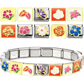 Vercraft 10 Pcs Flower Italian Charm 9 mm Floral Italian Bracelet Link DIY Italian Modular Stainless Steel Traditional Classic Type Flower Charms for Woman Man to Create Personalized Bracelet Gift