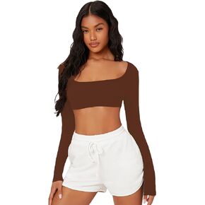 Verdusa Women's Square Neck Slim Fitted Crop Top Tee Long Sleeve T Shirt