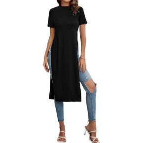 Verdusa Women's Casual Short Sleeve Tops T-Shirts Long Tees with Side Split